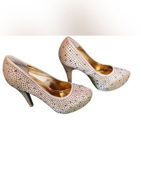 Bella Luna Katrina Gold Rhinestone Studded Platform Stiletto Pumps Sz 8.5